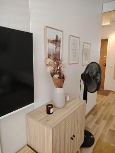 a living room with a flat screen tv on a wall at Rauhallinen majoitus parvekkeella in Joensuu