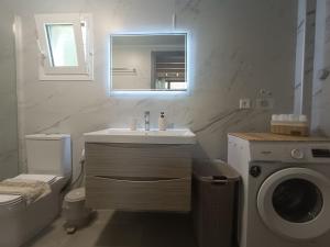 a bathroom with a sink and a washing machine at River Houses Molyvos in Mythimna