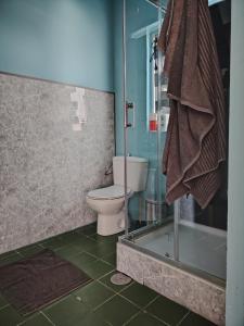 a bathroom with a toilet and a glass shower at Casa adosada con patio in Jerez