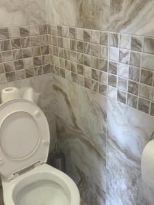 a bathroom with a toilet and a tiled wall at Garden Guesthouse in Yerevan