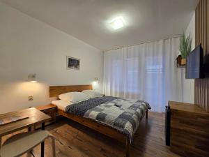 a bedroom with a bed and a desk and a window at Pensjonat Amber in Pobierowo