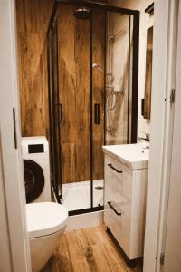 a bathroom with a shower and a toilet and a sink at Apartament w Parku 5 in Żywiec
