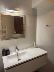 a bathroom with a white sink and a mirror at Texelheerlijk 10 in De Koog