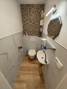 a small bathroom with a toilet and a sink at Kurhotel Wiedenmann in Bad Wörishofen