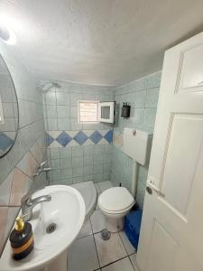 a small bathroom with a toilet and a sink at FLISVOs 70 m από την θάλασσα in Erateini +46 photos