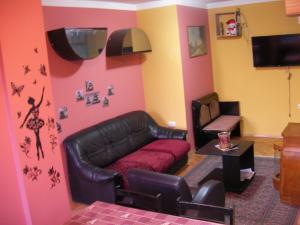 sala de estar con sofá de cuero negro y TV en Laki Apartments & Suites, en Skopje