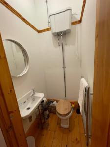 a bathroom with a sink and a toilet and a mirror at Stunning Hideaway on Loch Goil in Carrick