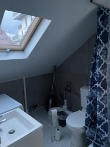 a bathroom with a toilet and a sink and a window at Proche métro Line 4 RER B in Bagneux