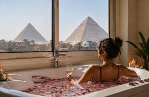 a woman sitting in a bath tub with a glass of wine at Pyramids view M in Cairo