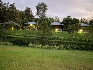 a garden with two gazebos at night at Birds Murmur Camp in Kotamangalam