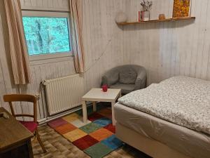a bedroom with a bed and a chair and a table at Unser Hasenstall in Wietzendorf