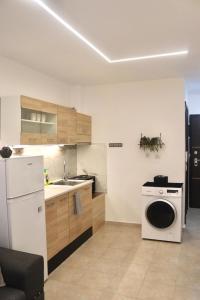 a kitchen with a sink and a washing machine at Dany's studio central xanthi in Xanthi