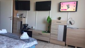 a bedroom with a bed and a tv on a wall at Panoramic Tower Room in Piatra Neamţ