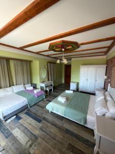 a bedroom with two beds and a ceiling at Neromylos in Nikísiani