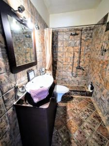 a bathroom with a sink and a shower at House M A R Y in Pefkali +18 photos