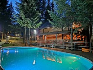 a swimming pool in front of a log cabin at Gostynniy Dvir in Forest Коттеджи in Migovo