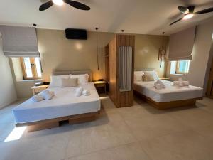 a bedroom with two beds and a television in it at Divine Suites Tinos in Tinos