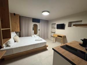 a bedroom with a bed and a desk in it at Divine Suites Tinos in Tinos