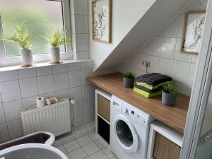 a laundry room with a washer and dryer at Deep Blue Dümmer - Apartment in Lembruch