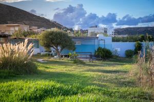 a yard with a tree and a blue building at Cap carav'ânes in Banī ‘Aţāʼ