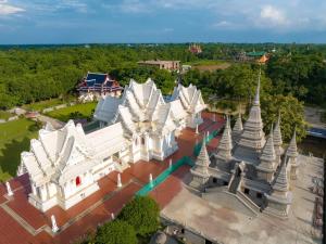 an aerial view of a white temple at Hotel MAQ Lumbini in Rummindei