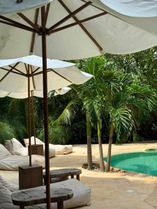 due ombrelloni e panchine accanto a una piscina di COCOS HOTEL a Zipolite
