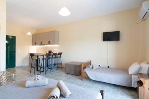 a living room with a couch and a kitchen at Maria Anastasia Studios in Trapezaki