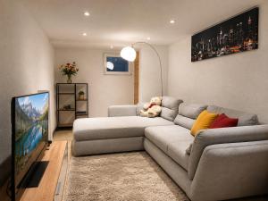 a living room with a couch and a tv at Nest am Rhein in Öhningen