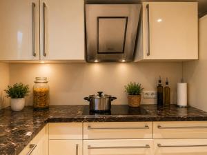 a kitchen with white cabinets and a pot on the stove at Nest am Rhein in Öhningen