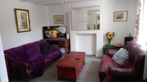 a living room with two couches and a tv at The Post Office, 6 beds, Bar, Library, Pool Table, Stream, Large Garden in Piddletrenthide