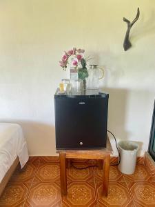 a tv on a table next to a bed at Villa del Mar in Zipolite