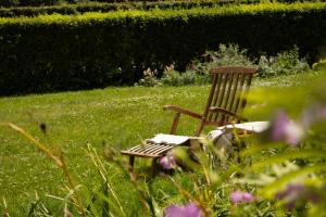 a chair sitting in a field of grass with flowers at Penzion Vila Julie in Jilemnice