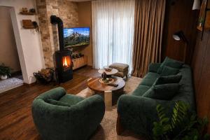a living room with two green couches and a fireplace at North Forest in Žabljak