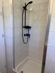 a shower with a shower head in a bathroom at Appartement zum Grünen Bär klimatisiert in Holzminden +17 photos