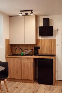 a kitchen with wooden cabinets and a black dishwasher at Apartament w Parku 2 in Żywiec +7 photos