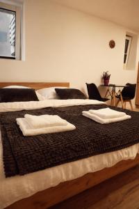 two beds with white towels on top of them at Apartament w Parku 2 in Żywiec