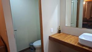 a bathroom with a sink and a toilet and a mirror at Pucayacu Wasi in Sauce