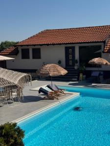 a swimming pool with chairs and umbrellas next to a house at Infinity in Novi Sad