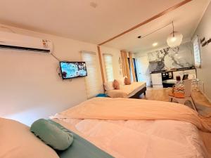 a bedroom with a bed and a flat screen tv at Estadía con opción jacuzzi Villa Alemana in Villa Alemana