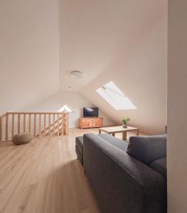 a living room with a couch and a skylight at Ferienwohnung am Klöckhof in Marktoberdorf