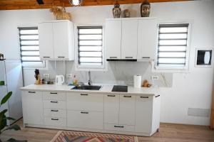 a white kitchen with white cabinets and a sink at The Parkside Villa Apartment II in Berat