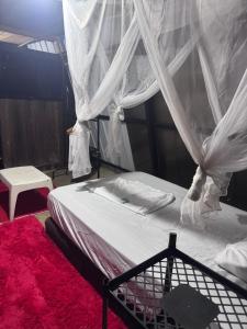 ein Schlafzimmer mit einem Bett mit Vorhängen und einem roten Teppich in der Unterkunft Amazon Oasis in Leticia