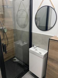 a bathroom with a shower and a sink and a mirror at Zatorze in Tczew