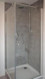 a shower with a glass door in a bathroom at Ferienwohnung am Klöckhof in Marktoberdorf +8 photos