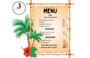 a menu for a restaurant with a palm tree at Roulotte Natiraa avec sauna et piscine in Tarascon