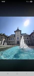a water fountain in front of a building at Sergio City Apartments in Craiova