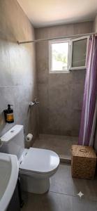 a bathroom with a toilet and a sink and a window at Sadova Messinia Pearl Cozy Seafront House in Avía