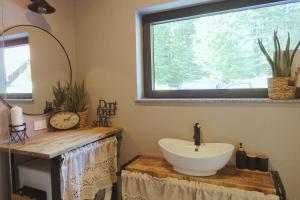 a bathroom with a sink and a large window at BOHO Forest Retreat in Novo Mesto +14 photos