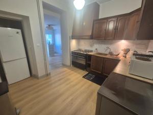 a kitchen with wooden cabinets and a white refrigerator at L'Ostal De Papi in Saint-Affrique
