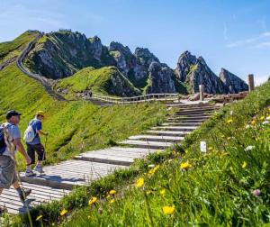 two men walking up a steep stairs on a mountain at Chez ellen in La Tour-dʼAuvergne